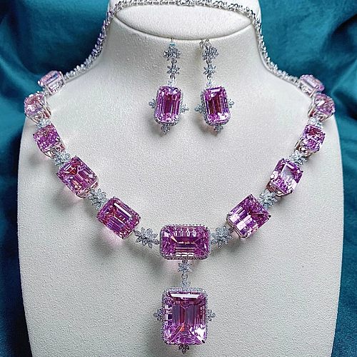 Glamouröse, luxuriöse quadratische Kupfer-Inlay-Zirkon-Ring-Ohrring-Halskette