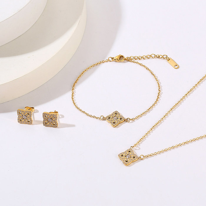 Doce pastoral estilo simples flor titânio aço esmalte chapeamento incrustação diamante artificial 18k banhado a ouro pulseiras colar conjunto de jóias