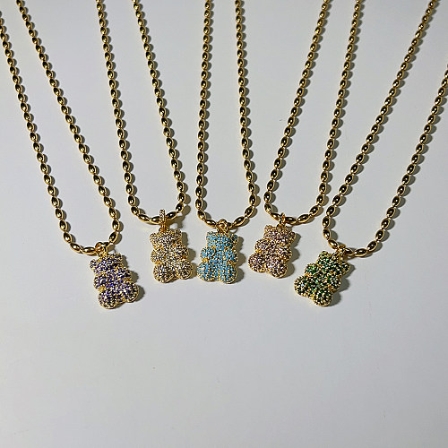 Streetwear-Halskette mit Anhänger „Little Bear“, Edelstahl, Kupferbeschichtung, Inlay, Zirkon, 18 Karat vergoldet
