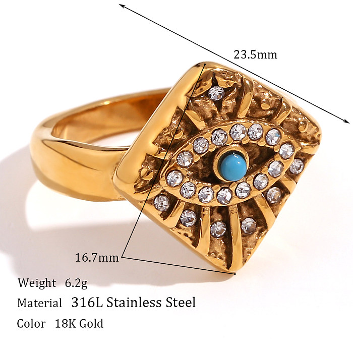 Estilo vintage estilo étnico estilo clássico olho losango aço inoxidável chapeamento incrustação strass turquesa 18k banhado a ouro anéis colar