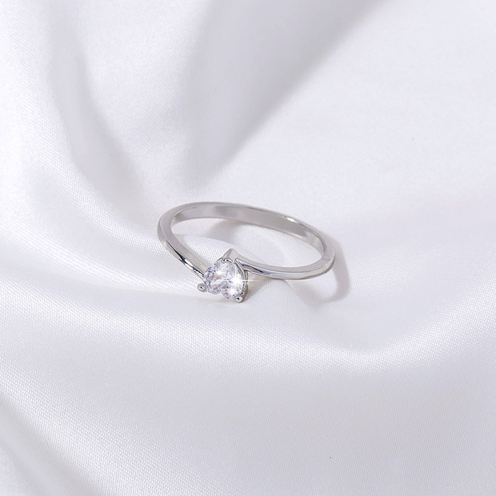 Romantic Simple Style Heart Shape Copper Silver Plated Zircon Rings In Bulk