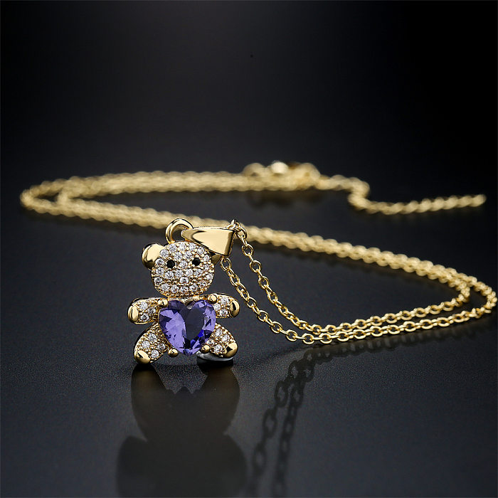 Copper Micro-encrusted Zircon Jewelry Cute Heart Shaped Bear Pendant Gold Necklace