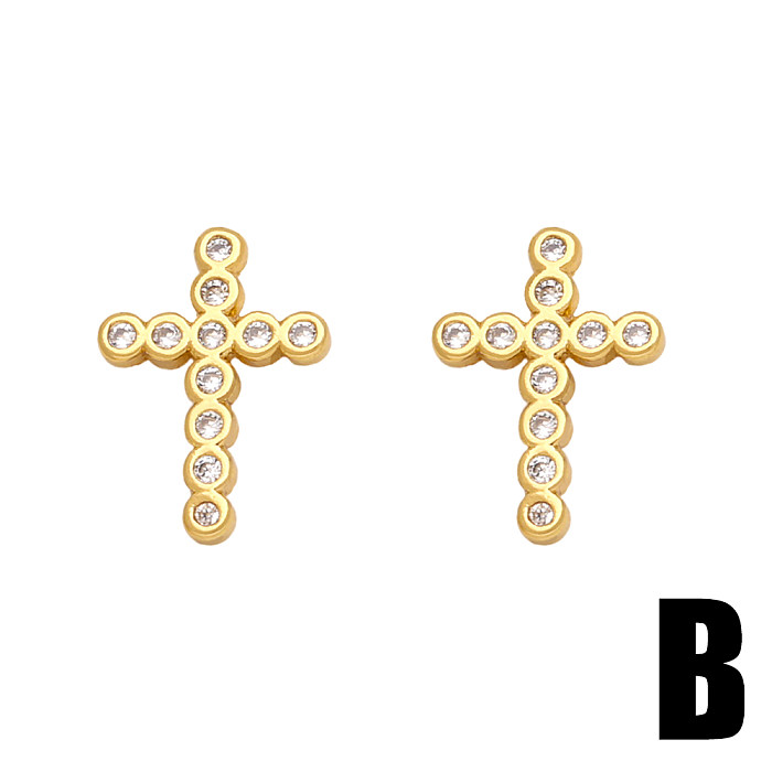 1 Pair Simple Style Cross Plating Inlay Copper Zircon 18K Gold Plated Ear Studs
