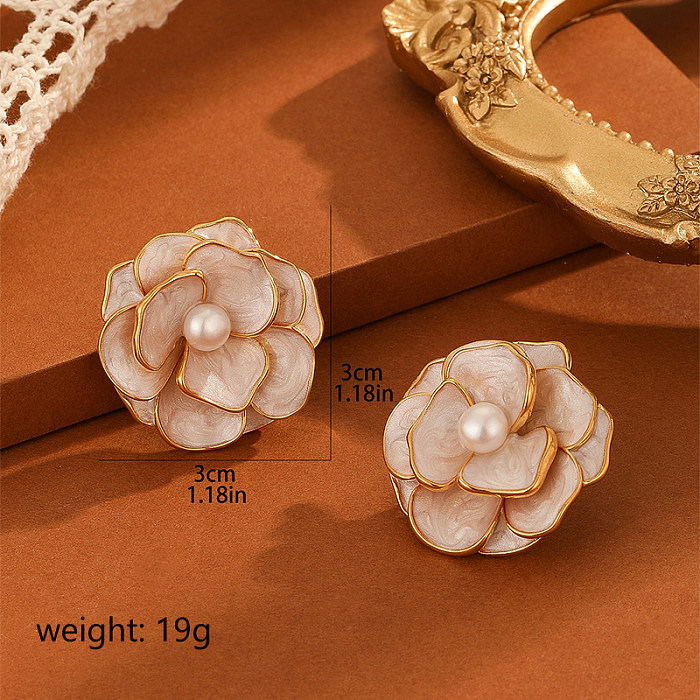 1 Paar Lady Commute Flower Emaille Inlay Kupfer Künstliche Perlen Ohrstecker