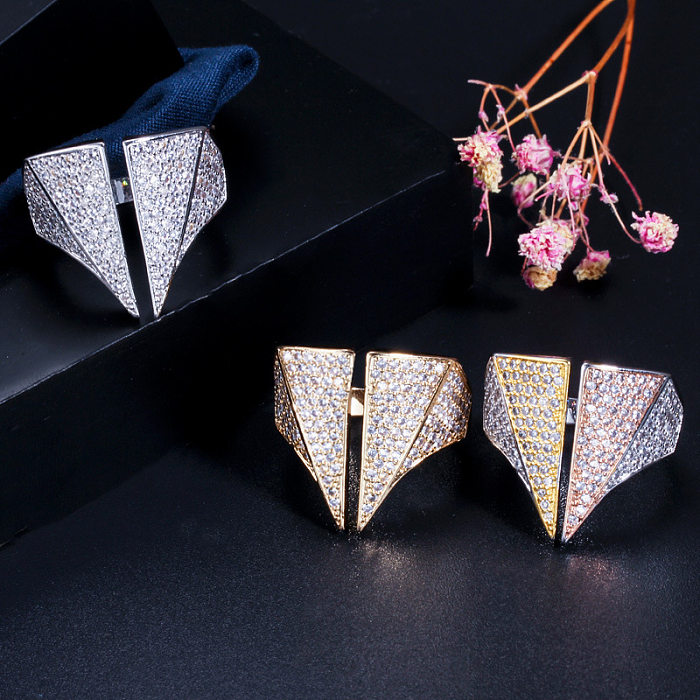 Streetwear comute geométrico cobre chapeamento inlay zircão 14k banhado a ouro anéis banhados a ródio