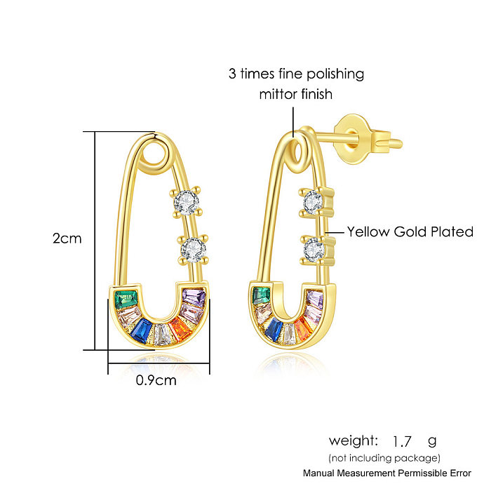 1 Pair Simple Style Paper Clip Copper Inlay Zircon 14K Gold Plated Earrings