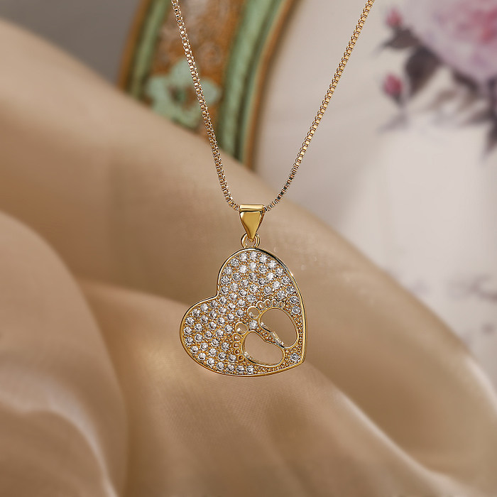 Vacation Beach Sweet Heart Shape Copper Plating Inlay Zircon 18K Gold Plated Pendant Necklace