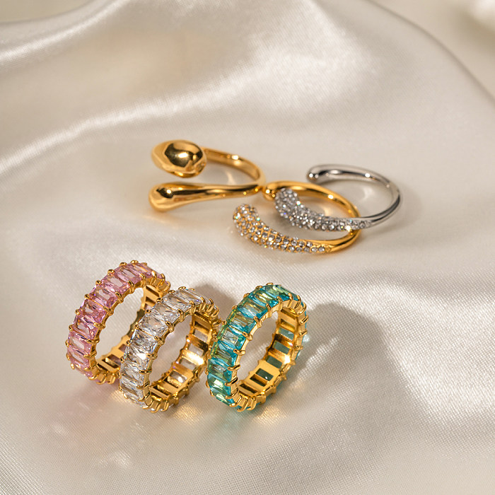 INS Style Shiny Round Stainless Steel Plating Inlay Zircon 18K Gold Plated Rings