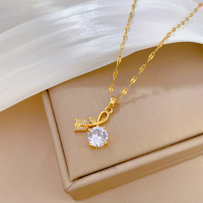 Modern Style Classic Style Rose Titanium Steel Copper Plating Inlay Artificial Gemstones Gold Plated Pendant Necklace