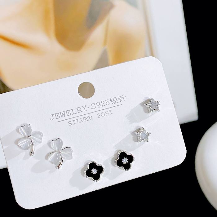 Simple Style Geometric Heart Shape Bow Knot Copper Plating Inlay Artificial Gemstones Ear Studs