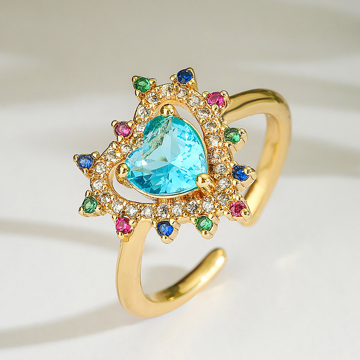 Eleganter, glänzender, herzförmiger offener Ring mit Kupferbeschichtung und Zirkoneinlage, 18 Karat vergoldet