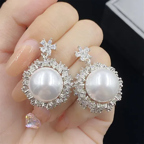 Elegant Flower Copper Plating Inlay Pearl Zircon Rings Earrings Necklace