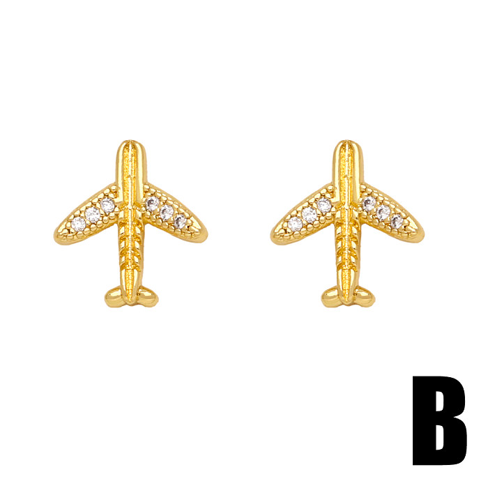 1 Pair Cute Sweet Ice Cream Notes Airplane Plating Inlay Copper Zircon 18K Gold Plated Ear Studs