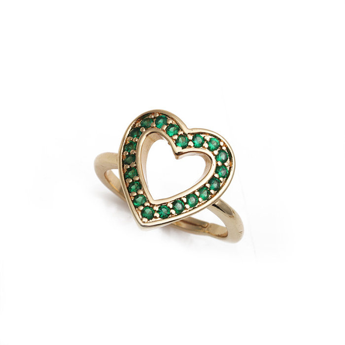 Fashion Micro Inlay Green Zircon Opening Adjustable Water Drop Love Heart Copper Ring