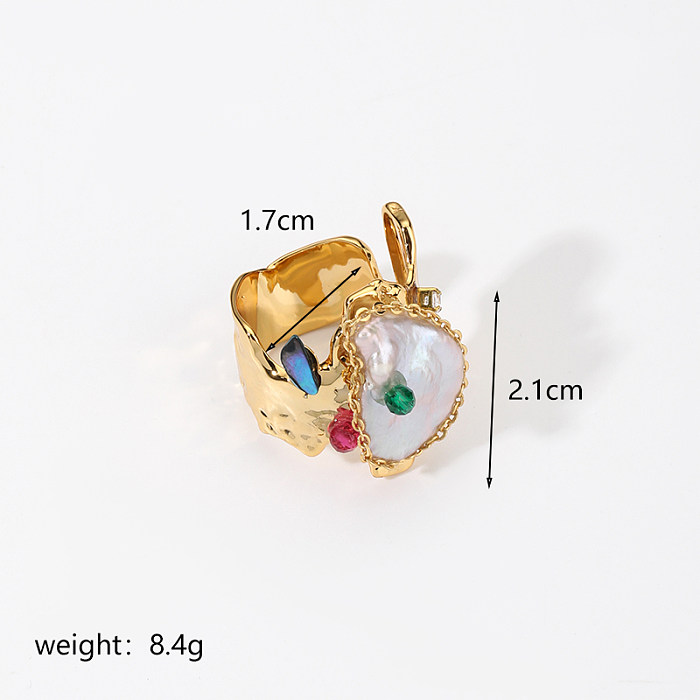 Shiny Irregular Copper Plating Inlay Pearl Zircon 18K Gold Plated Open Rings