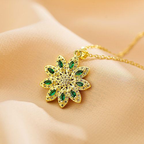 Luxurious Flower Titanium Steel Copper Inlay Artificial Rhinestones Zircon 18K Gold Plated Pendant Necklace
