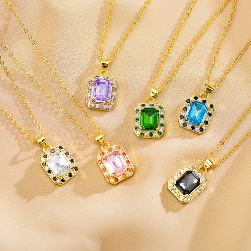 Glamouröse, quadratische, vergoldete Anhänger-Halskette mit Titanstahl und Kupfereinlage, künstlichem Kristall und Zirkon