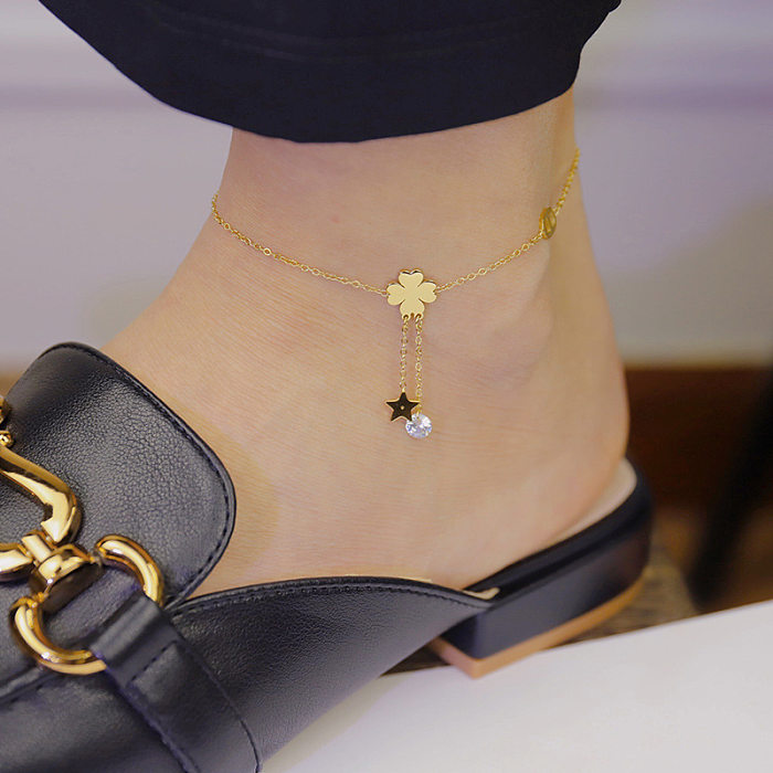 Tornozeleira de pulseiras de strass com embutimento de aço titânio estrela estilo simples