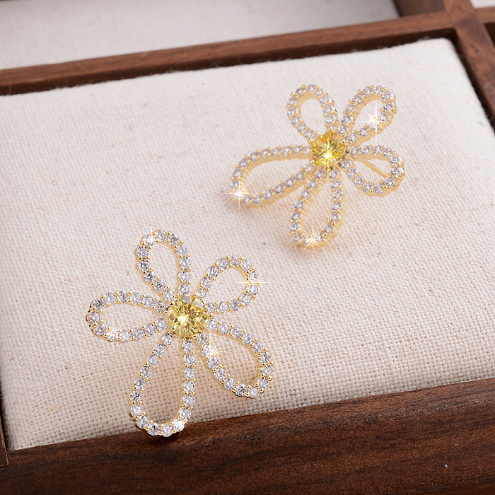 1 Pair Fairy Style Cute Sweet Flower Plating Inlay Copper Zircon 14K Gold Plated Ear Studs