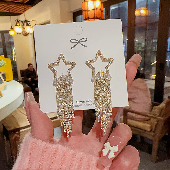 1 Pair Streetwear Pentagram Tassel Inlay Copper Artificial Diamond Drop Earrings