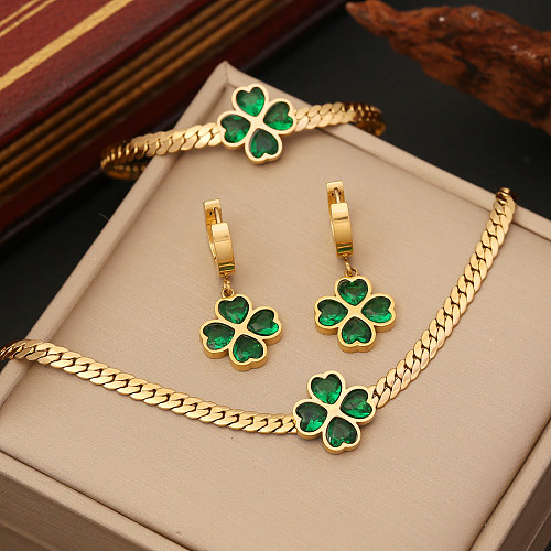 Retro Four Leaf Clover Stainless Steel Plating Bracelets Earrings Necklace