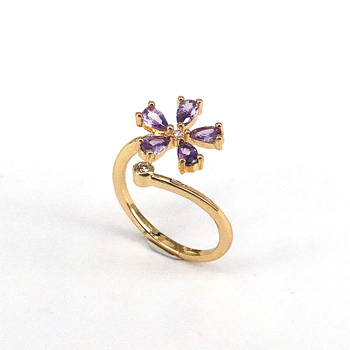 Simple Style Flower Copper Gold Plated Zircon Open Ring 1 Piece