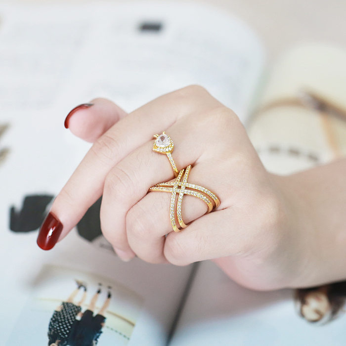 Simple Style Heart Shape Copper Open Ring Plating Zircon Copper Rings