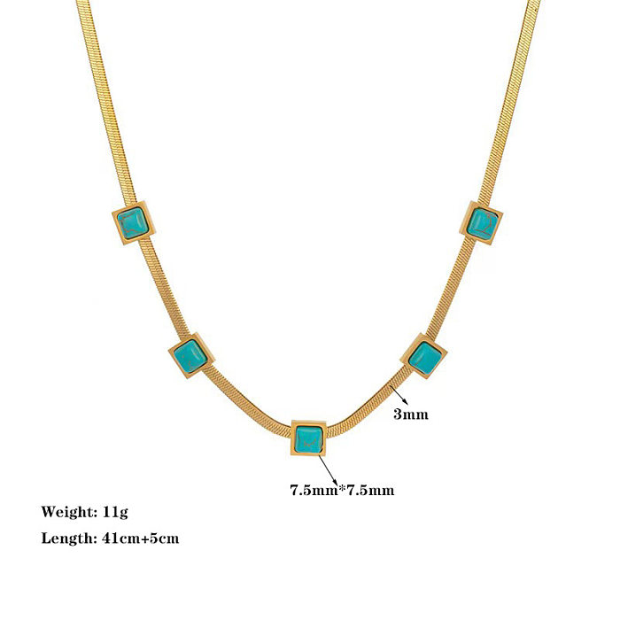 Schlichter Stil, quadratische Halskette mit türkisfarbenen Armbändern aus Titanstahl mit Inlay