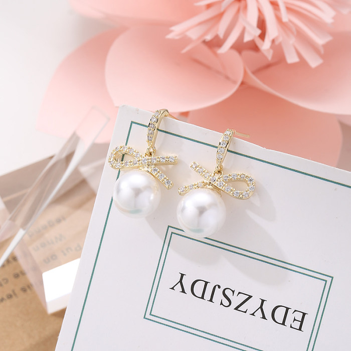 1 Pair Elegant Shiny Geometric Plating Inlay Imitation Pearl Copper Zircon 18K Gold Plated Drop Earrings