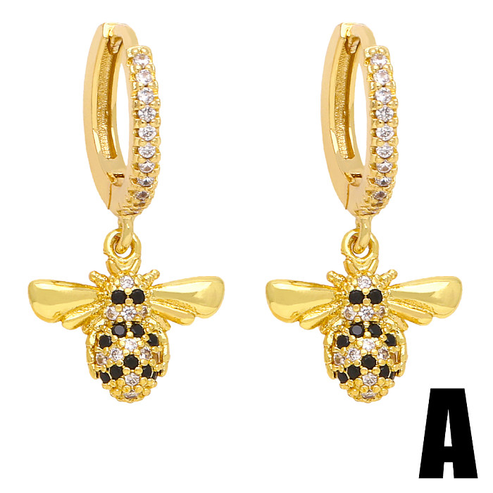 1 Pair Sweet Shiny Bee Dragonfly Butterfly Plating Inlay Copper Zircon 18K Gold Plated Drop Earrings