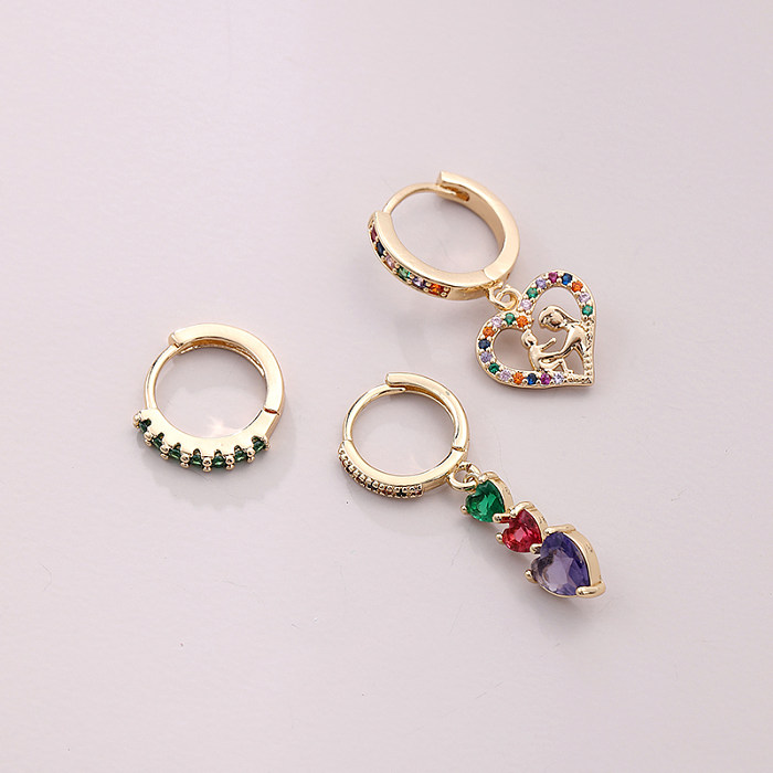 Ensemble de 3 pièces de boucles d'oreilles pendantes en cuivre et Zircon, Style coréen, incrustation en forme de cœur