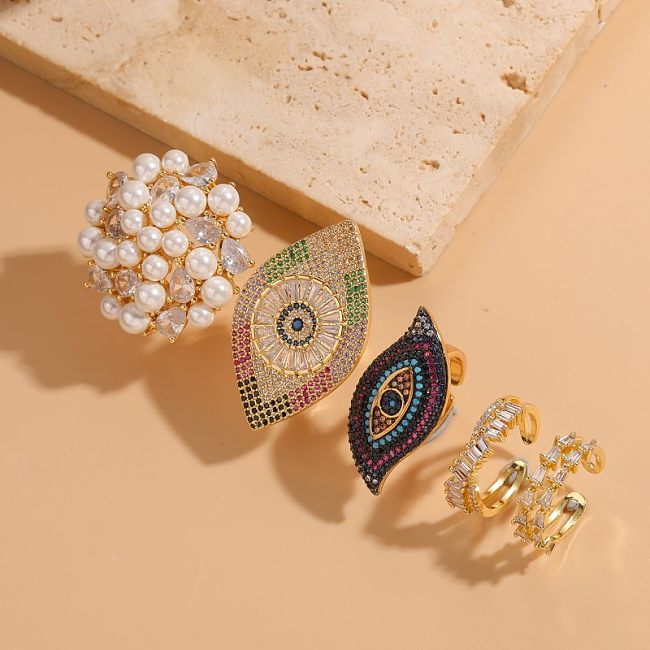 Anillos abiertos chapados en oro de 14K con incrustaciones de perlas asimétricas de cobre y ojo del diablo de estilo clásico elegante