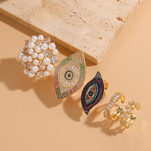 Anillos abiertos chapados en oro de 14K con incrustaciones de perlas asimétricas de cobre y ojo del diablo de estilo clásico elegante