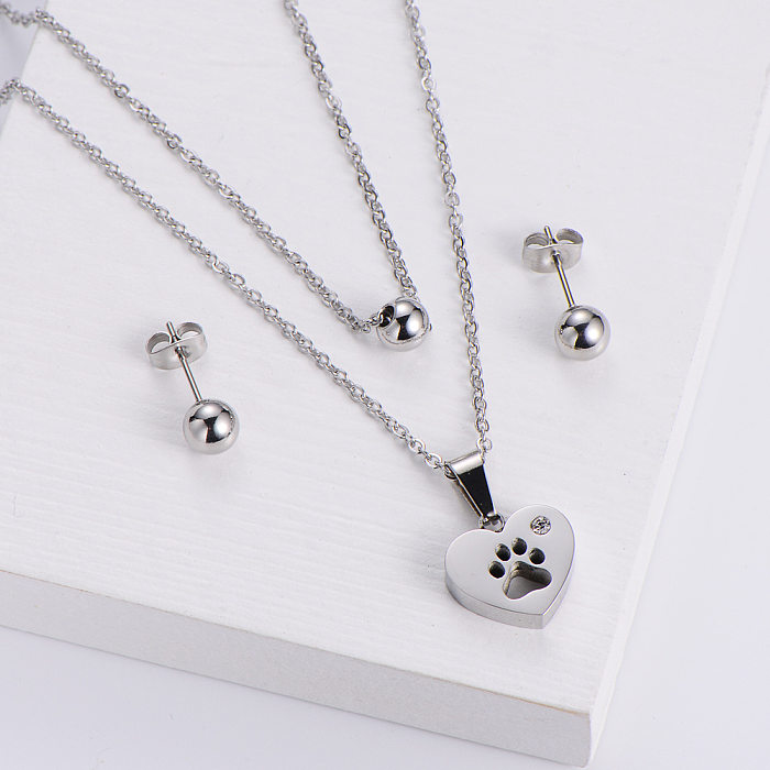 Boucles d'oreilles en perles rondes en forme de cœur, pendentif empreinte de chien, collier trois pièces, vente en gros de bijoux
