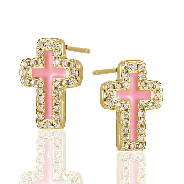 New Cross Drip Oil Copper Inlaid Zircon Earrings