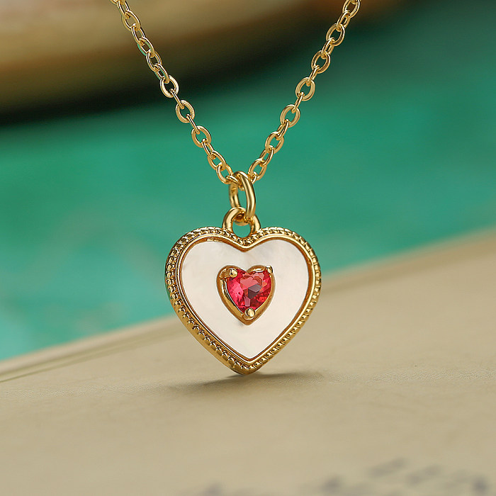 Simple Style Commute Heart Shape Copper Plating Inlay Shell Zircon 18K Gold Plated Pendant Necklace