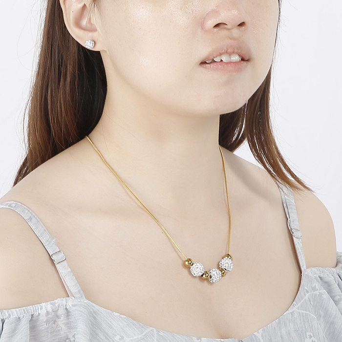 Koreanische Temperament Strass Kleine Runde Perle Halskette Ohrring Set Edelstahl Stahl Ball Schmuck