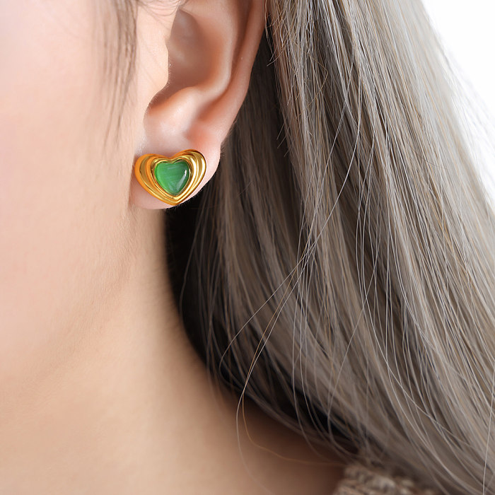 Boucles d'oreilles rétro en forme de cœur en titane et acier, incrustation de pierre de verre opale, plaqué or 18 carats