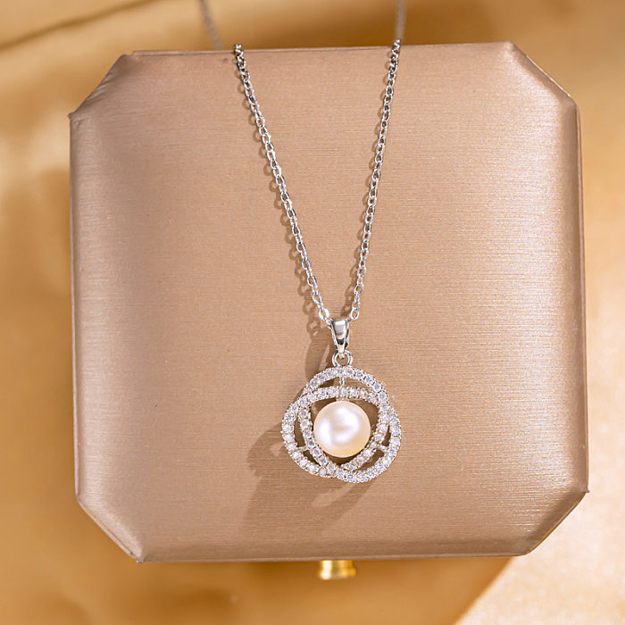 Lady Animal Flower Artificial Pearl Titanium Steel Copper Plating Inlay Zircon Pendant Necklace