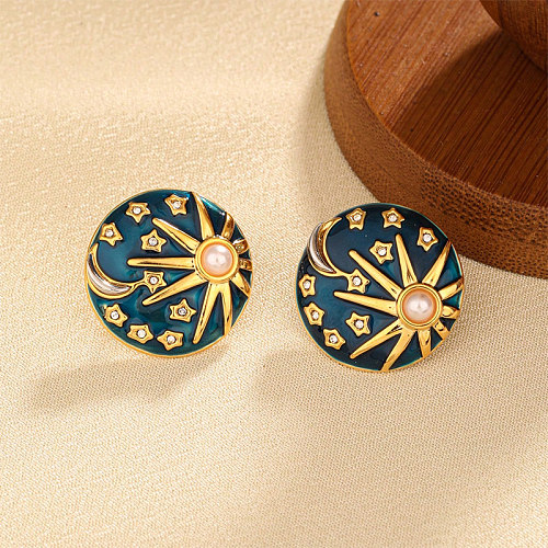 1 Pair Simple Style Roman Style Star Moon Inlay Copper Pearl Ear Studs