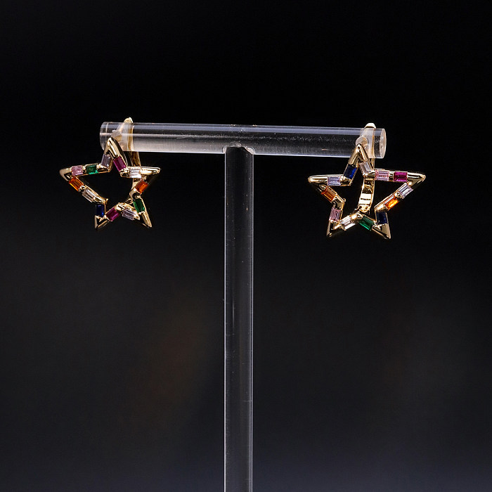 Fashion Pentagram Copper Drop Earrings Gold Plated Zircon Copper Earrings 1 Pair