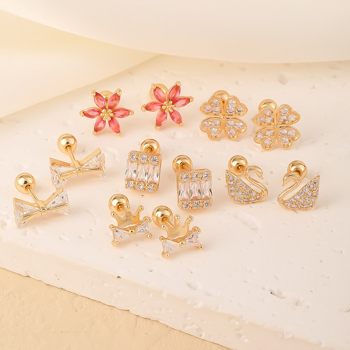 1 par de brincos elegantes e simples, estilo geométrico, formato de coração, borboleta, cobre, zircão, banhado a ouro