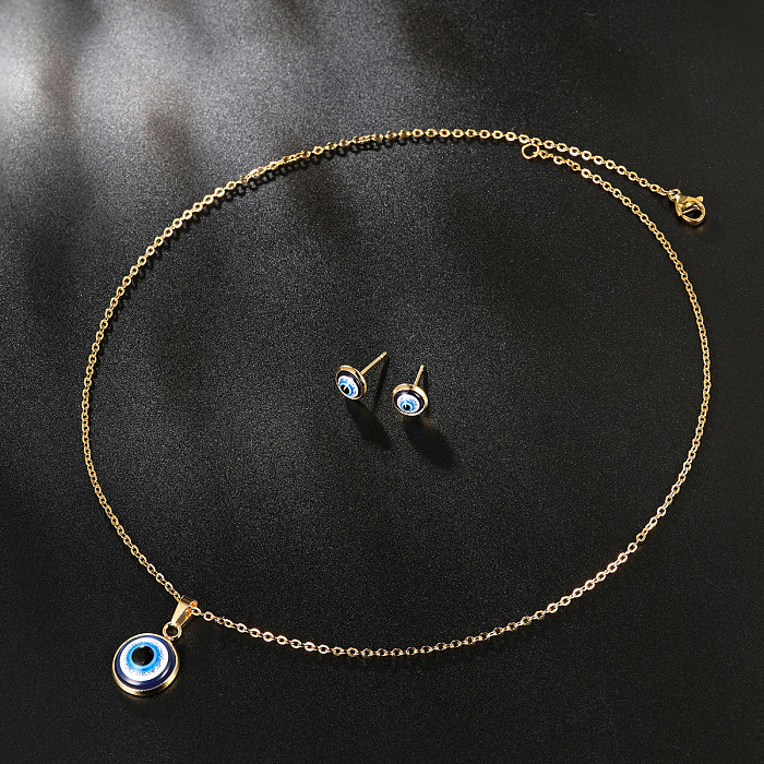 Einfache Teufelsauge-Ohrring-Halskette mit Edelstahlbeschichtung und 18-Karat-Vergoldung