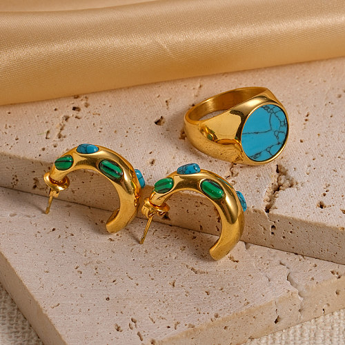 Retro simples estilo C forma chapeamento de aço inoxidável incrustação turquesa banhado a ouro anéis brincos