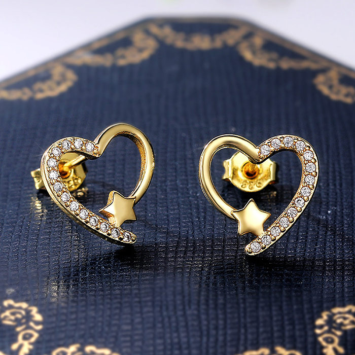 1 par de brincos de orelha de zircônia de cobre em formato de coração doce