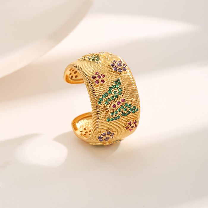 French Style Commute Flower Butterfly Copper Plating Inlay Zircon 18K Gold Plated Open Rings
