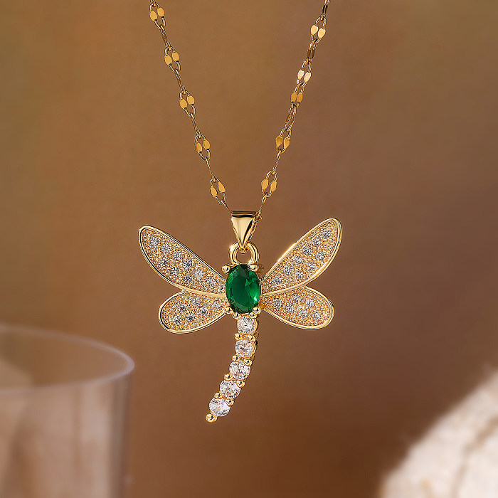 Simple Style Commute Dragonfly Copper 18K Gold Plated Zircon Pendant Necklace In Bulk