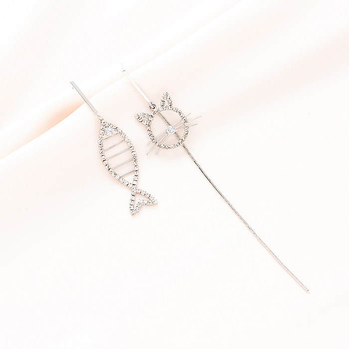 Boucles d'oreilles asymétriques Glam Simple, 1 paire, incrustation de placage d'animaux, cuivre, Zircon, argent plaqué