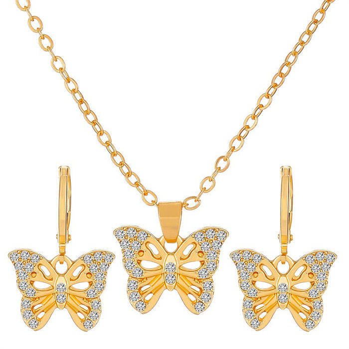 Moda coração forma borboleta cobre banhado a ouro prata inlay zircão colar 1 conjunto