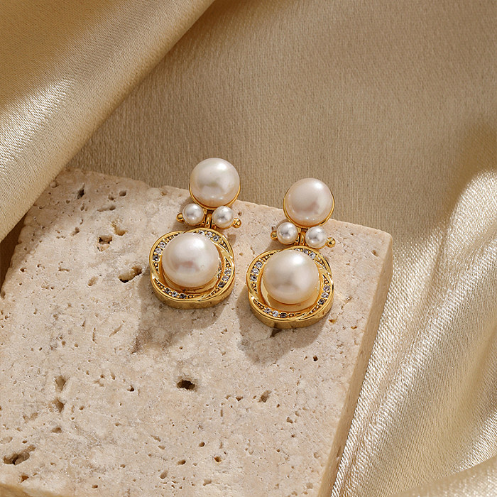 1 paire de boucles d'oreilles pendantes plaquées or 18 carats, Style IG Simple, incrustation de fleurs, perle de cuivre et Zircon